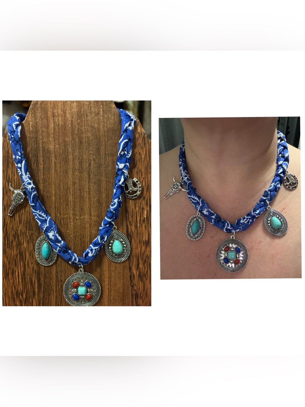 Southwest Cowgirl- royal Blue Braided bandana charm Necklace & Turquoise Accents